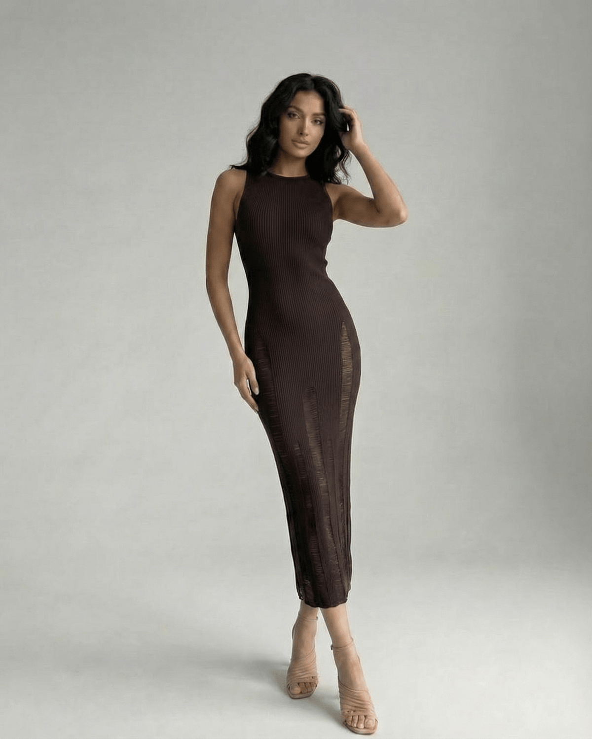 Vesper Midi Dress - Dark brown bodycon dress, sleeveless silhouette, sculpted fit by Lauven, perfect for an elegant look.
