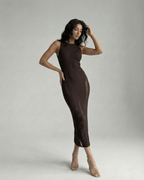 Vesper Midi Dress showcasing a dark brown bodycon silhouette, enhancing feminine curves with a sleek look by Lauven.