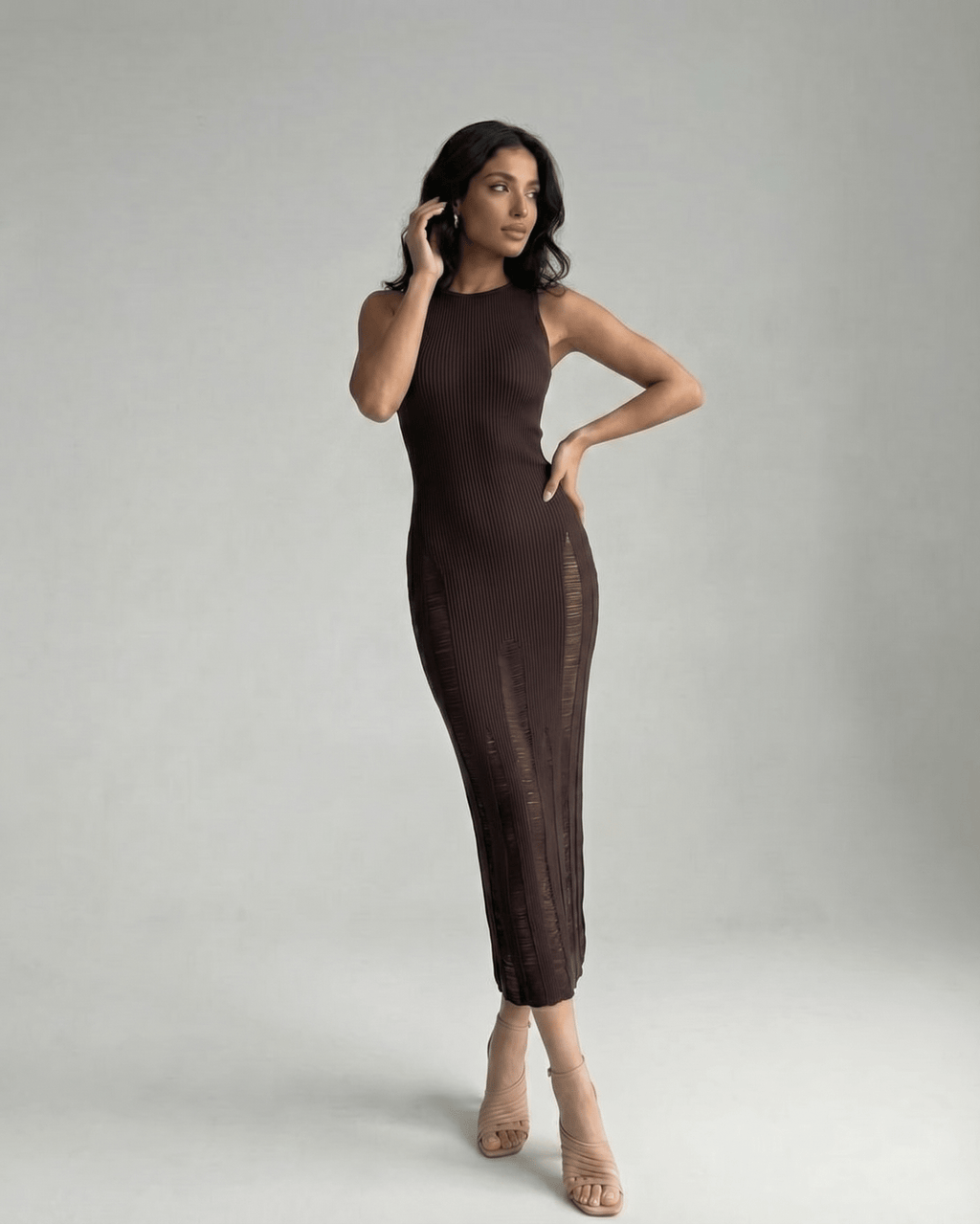 Vesper Midi Dress showcasing dark brown bodycon design with a sleek silhouette, by Lauven brand.