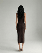 Vesper Midi Dress showcasing a dark brown bodycon fit, sleeveless design, enhancing a refined silhouette by Lauven.