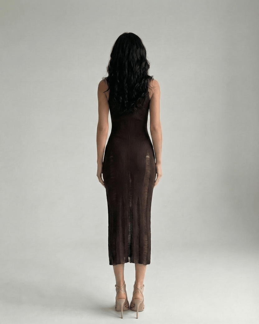 Vesper Midi Dress showcasing a dark brown bodycon fit, sleeveless design, enhancing a refined silhouette by Lauven.