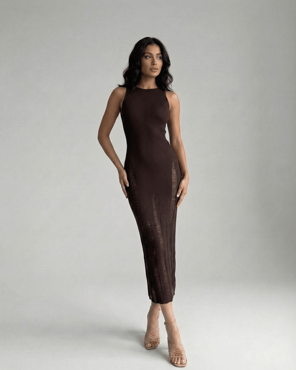 Vesper Midi Dress by Lauven, dark brown bodycon, sleeveless silhouette enhancing natural curves.
