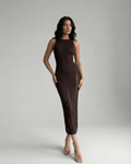 Vesper Midi Dress by Lauven, dark brown bodycon, sleeveless silhouette enhancing natural curves.