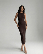 Vesper Midi Dress by Lauven, dark brown bodycon, sleeveless silhouette enhancing natural curves.