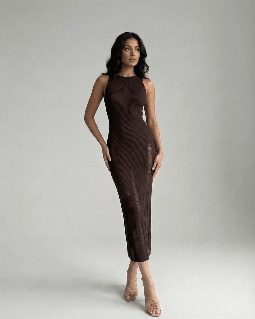 Vesper Midi Dress by Lauven, dark brown bodycon, sleeveless silhouette enhancing natural curves.