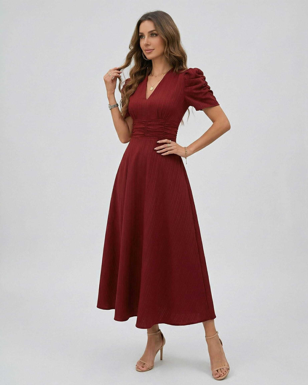 Vesper Midi Dress in rich red, featuring puff sleeves and ruched waist for a modern, feminine look by Lauven.