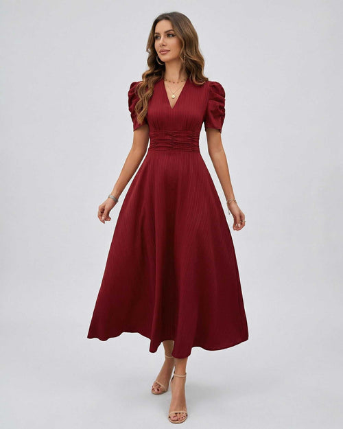 Vesper Midi Dress featuring puff sleeves and V-neckline, perfect for weddings or cocktails by Lauven.