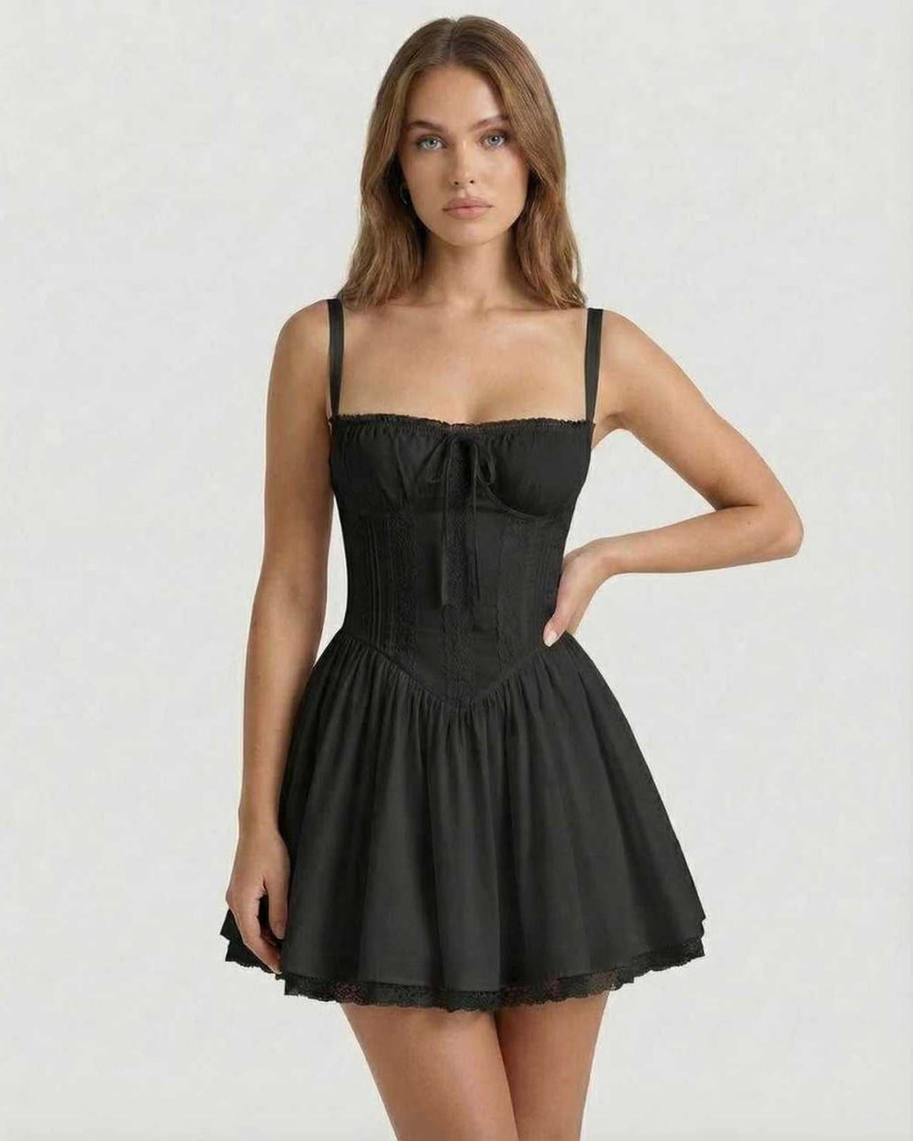 Vesper Mini Dress - Black corset style dress with lace trim, A-line skirt, by Lauven, for a sophisticated and stylish look.