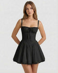 Vesper Mini Dress - Black corset style dress with lace trim, A-line skirt by Lauven, offering sophisticated comfort.