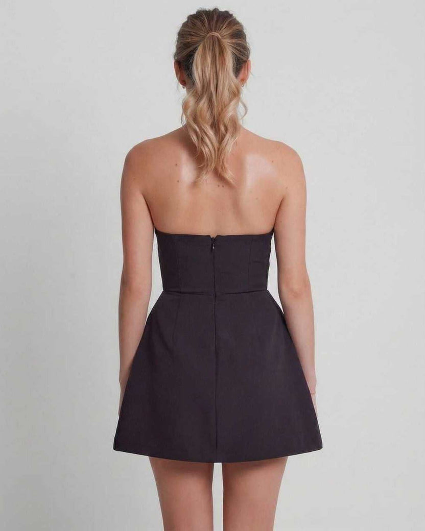 Vesper Mini Dress: Strapless navy mini dress with structured A-line silhouette, showcasing refined elegance from Lauven.