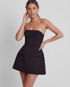 Vesper Mini Dress | Strapless A-line silhouette in midnight navy with structured bodice, offering elegance and modern style from Lauven.