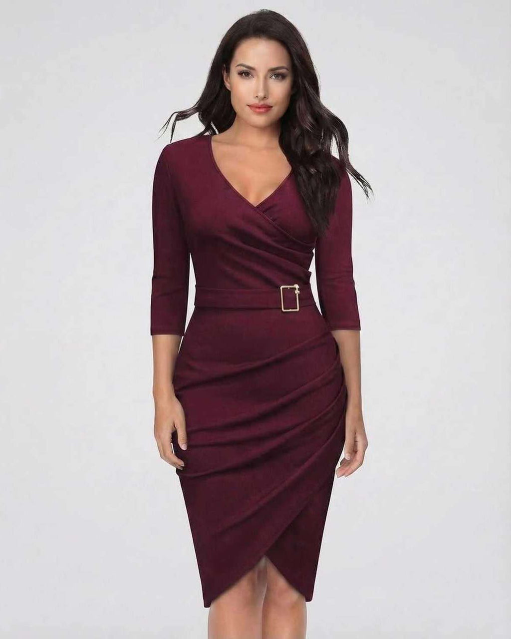 Vespera Midi Dress by Lauven in elegant burgundy with belted waist, featuring a flattering V-neckline and 3/4 sleeves.