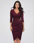Vespera Midi Dress by Lauven in elegant burgundy with belted waist, featuring a flattering V-neckline and 3/4 sleeves.