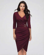 Vespera Midi Dress by Lauven in elegant burgundy with belted waist, featuring a flattering V-neckline and 3/4 sleeves.