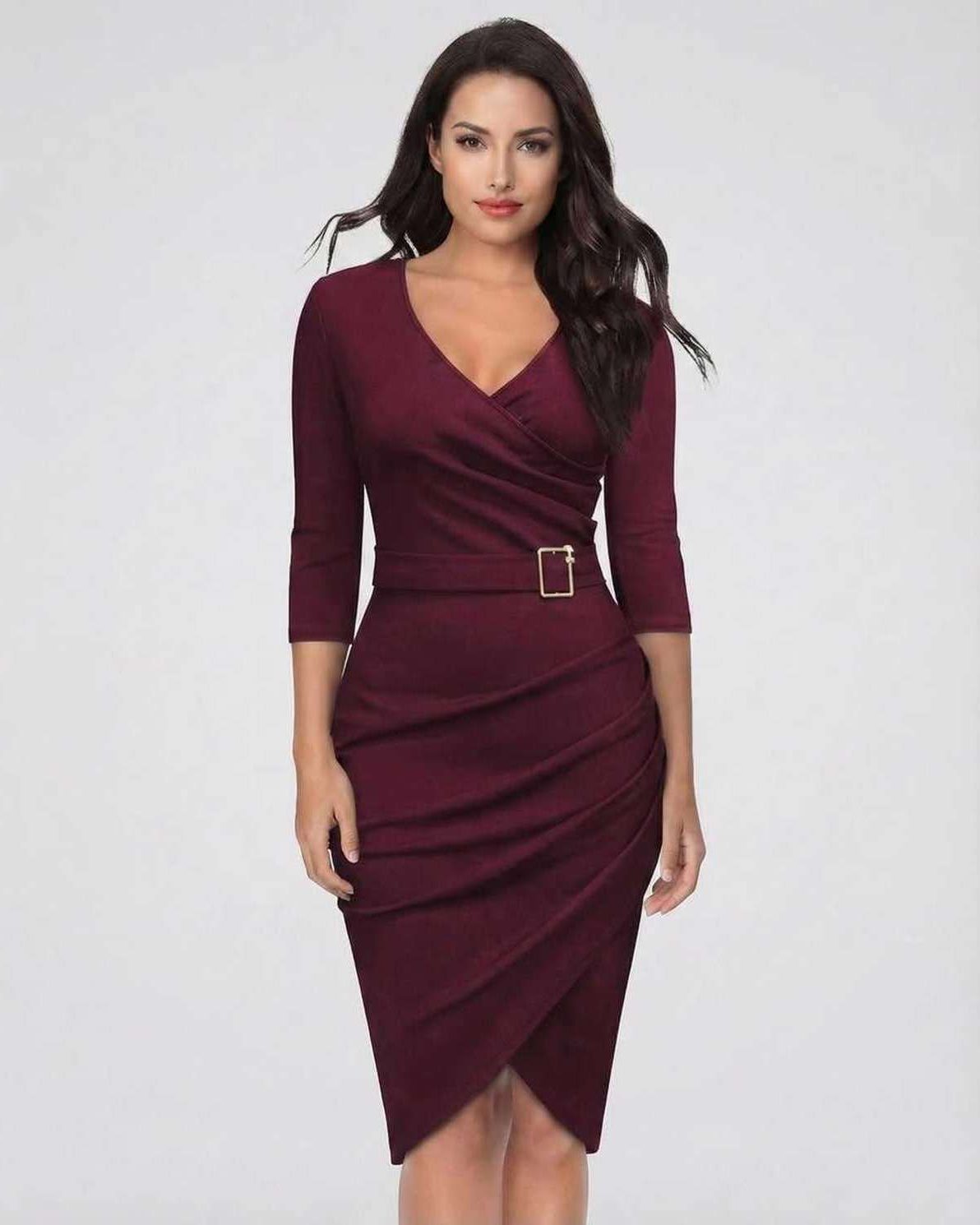 Vespera Midi Dress by Lauven in elegant burgundy with belted waist, featuring a flattering V-neckline and 3/4 sleeves.