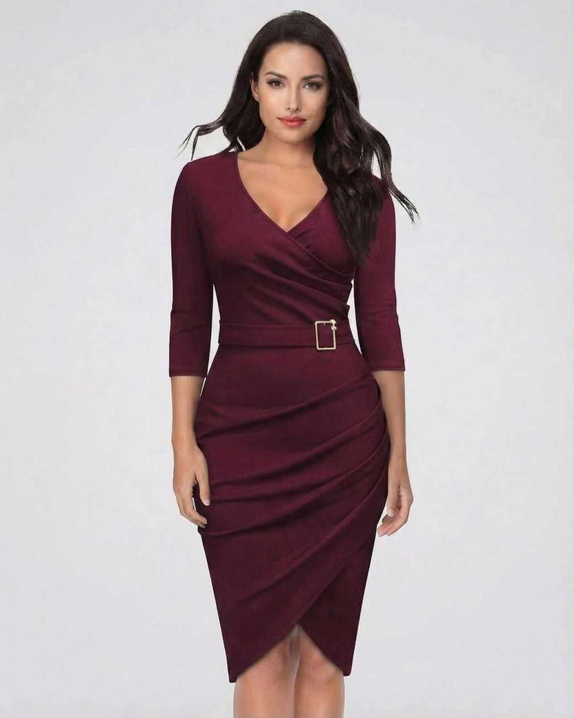 Vespera Midi Dress by Lauven in elegant burgundy with belted waist, featuring a flattering V-neckline and 3/4 sleeves.