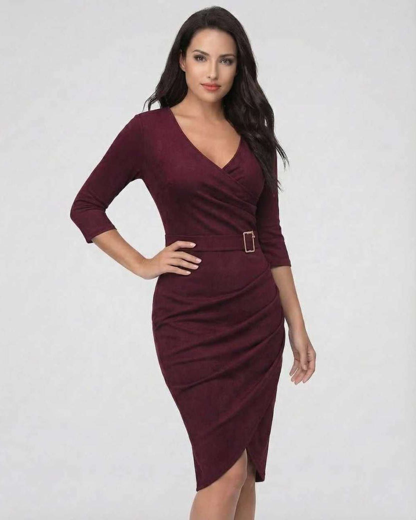 Vespera Midi Dress by Lauven in elegant burgundy with belted waist, showcasing a flattering V-neckline and 3/4 sleeves.