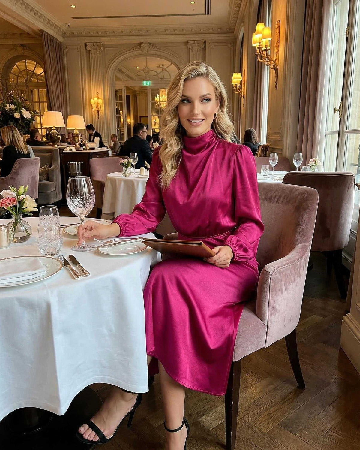 Model wearing Lauven Vienna Midi Dress in satin, high neck elegance at an elegant restaurant setting.
