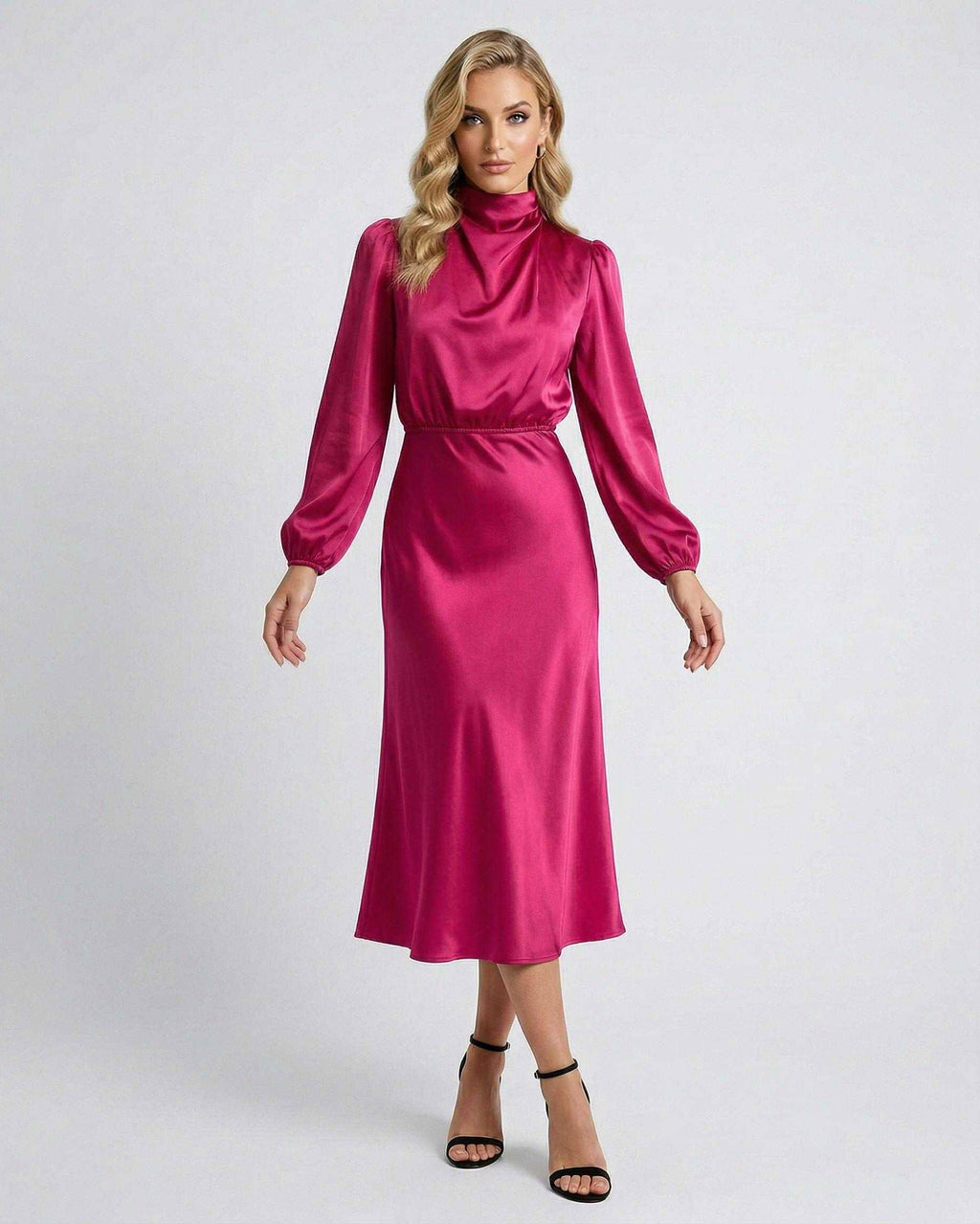 Lauven Vienna Midi Dress in vibrant pink satin, featuring a high neck and elegant silhouette for polished day or evening looks.