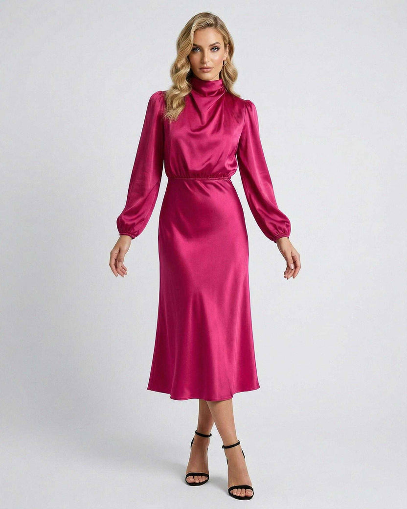 Lauven Vienna Midi Dress in vibrant pink satin, featuring a high neck and elegant silhouette for polished day or evening looks.