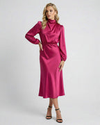 Lauven Vienna Midi Dress in satin, high neck with flattering silhouette, perfect for day and evening wear.