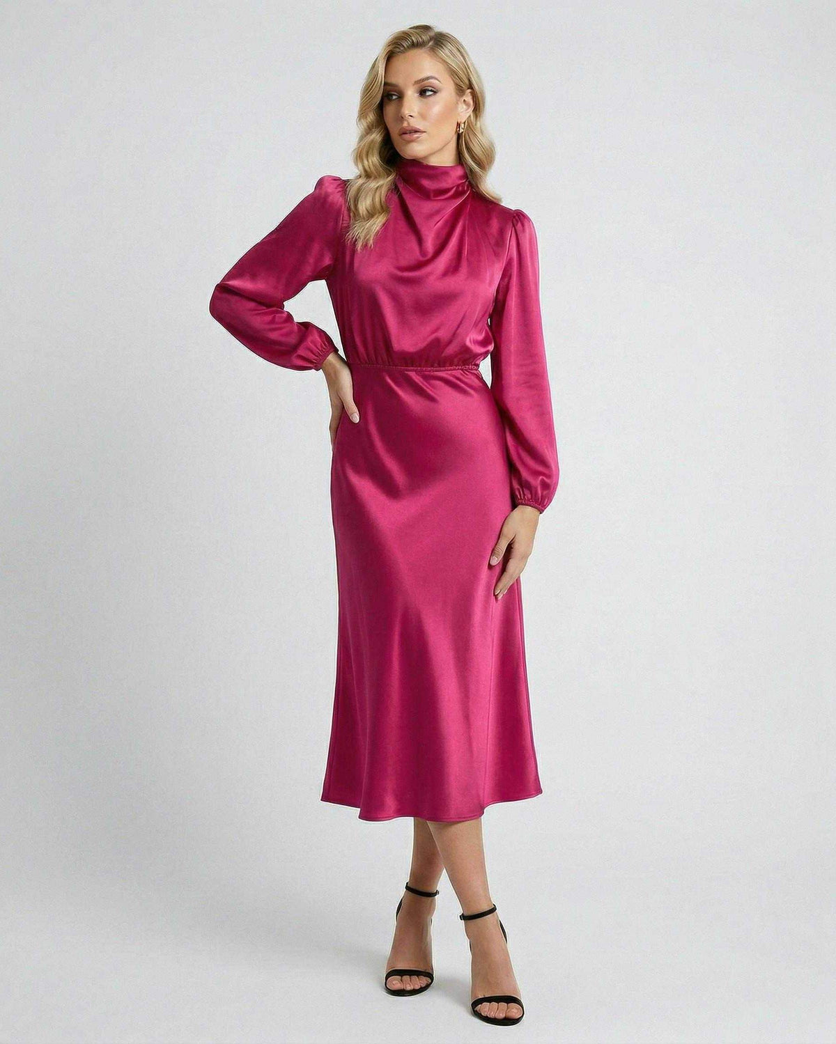 Lauven Vienna Midi Dress in satin, high neck with flattering silhouette, perfect for day and evening wear.
