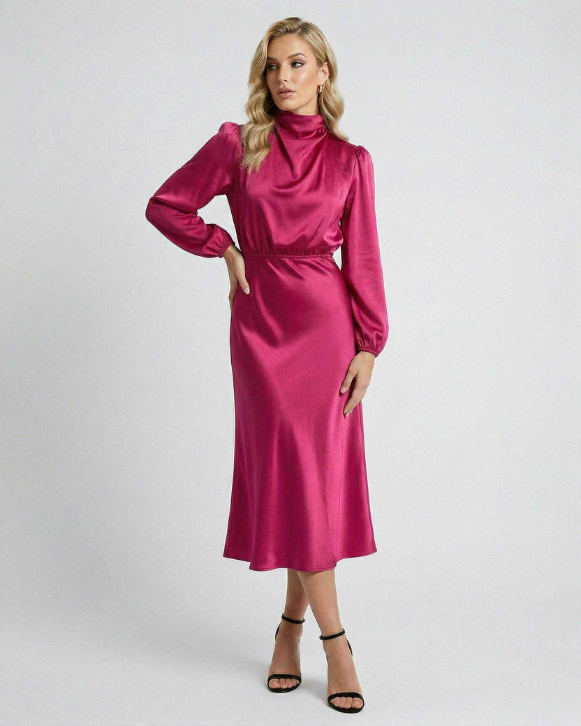 Lauven Vienna Midi Dress in satin, high neck with flattering silhouette, perfect for day and evening wear.