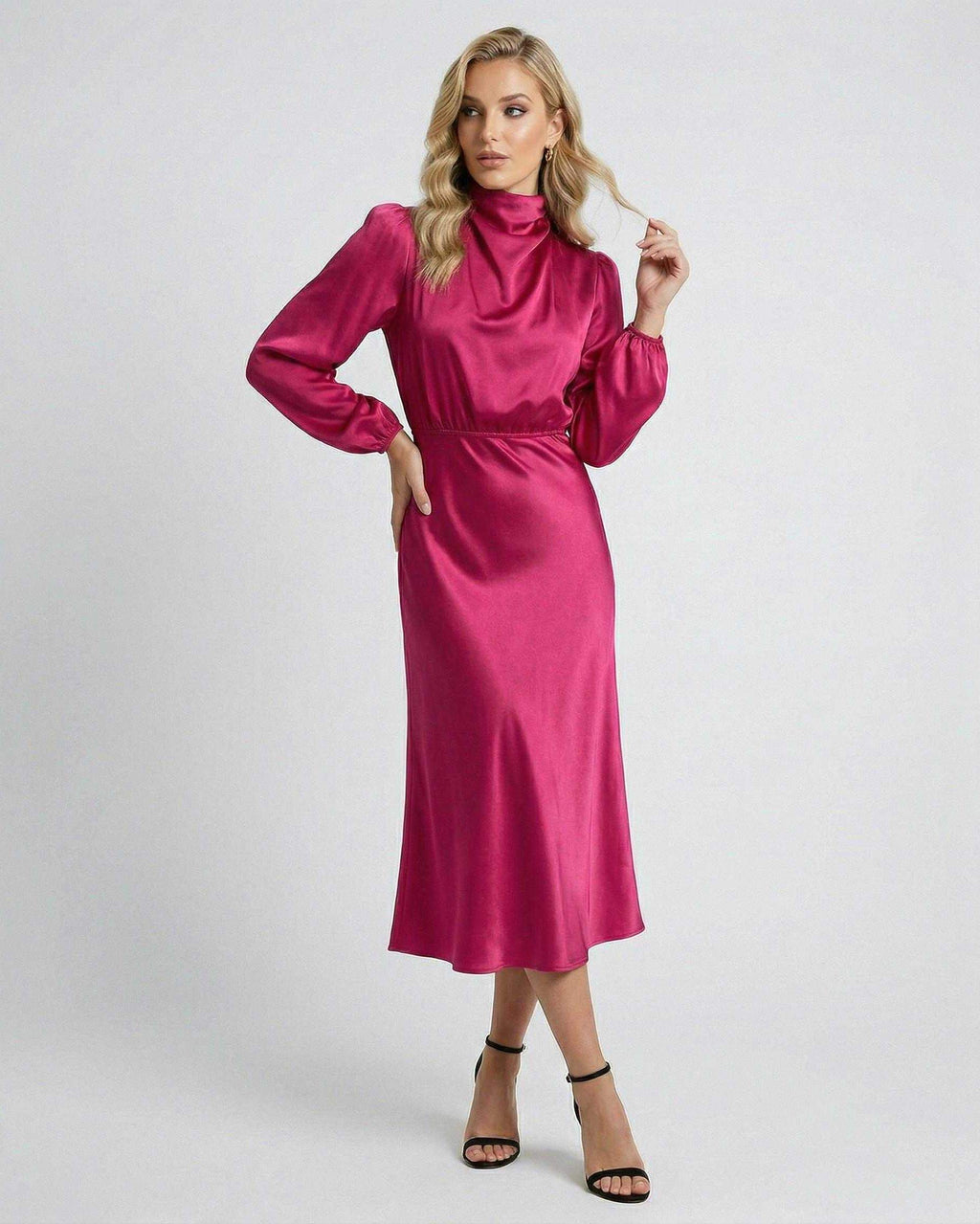 Lauven Vienna Midi Dress in satin high neck style, featuring flattering silhouette and elegant pink color.
