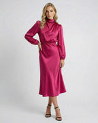 Lauven Vienna Midi Dress in pink satin featuring high neck and elegant silhouette, perfect for any occasion.