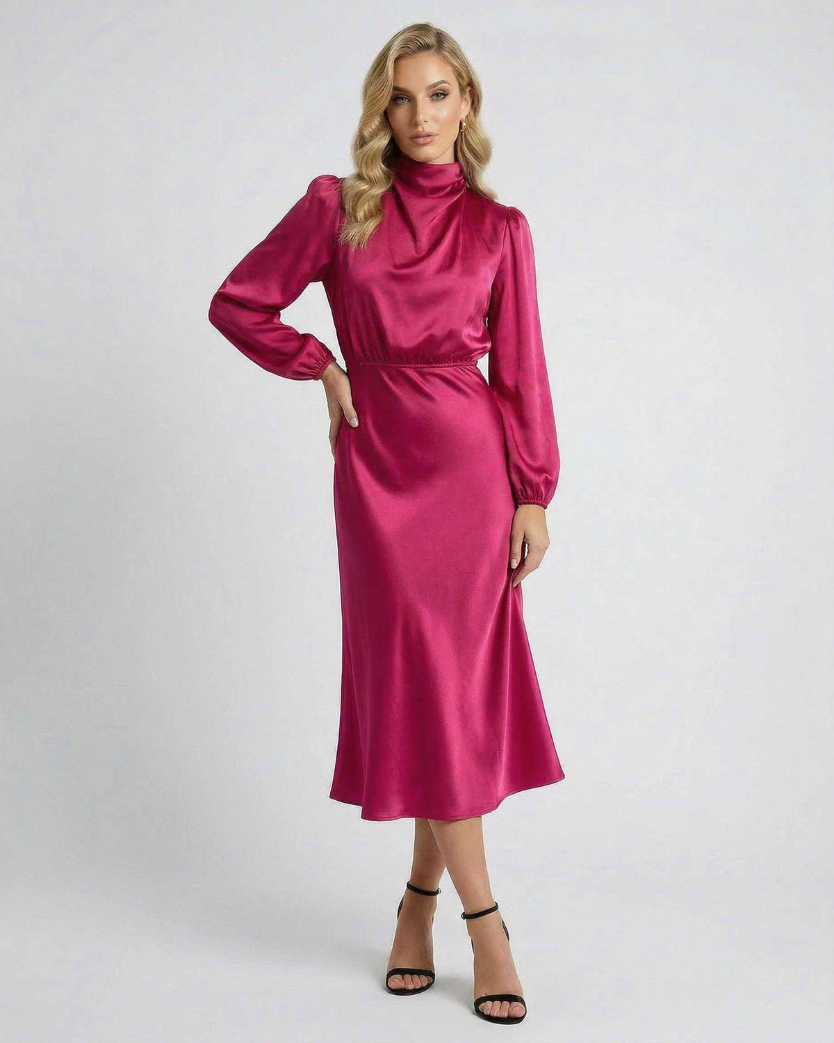 Lauven Vienna Midi Dress in pink satin featuring high neck and elegant silhouette, perfect for any occasion.