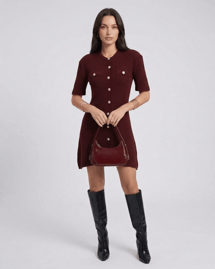 Viera Mini Dress by Lauven in burgundy, featuring a button closure and chic half sleeves.