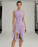 Violet Midi Dress - Purple Ruched Midi Dress with Ruffle Hem from Lauven, embodying modern femininity and elegance.