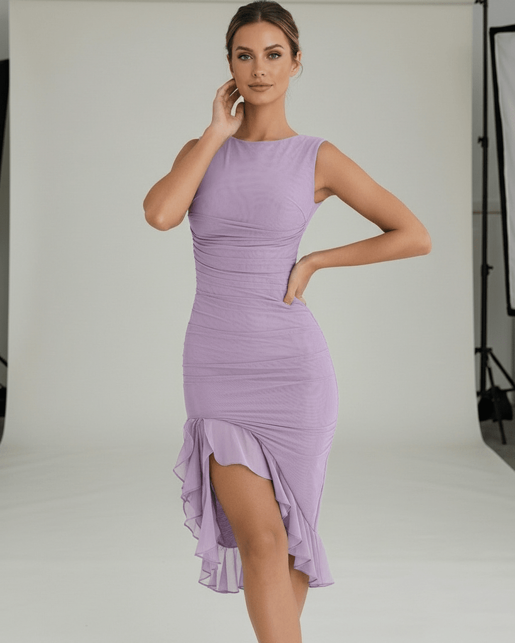 Violet Midi Dress by Lauven featuring purple ruched design, ruffle hem, and a sleek sleeveless silhouette.
