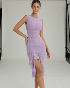 Violet Midi Dress by Lauven, featuring a ruched silhouette, ruffle hem, and showcasing modern femininity in elegant purple.