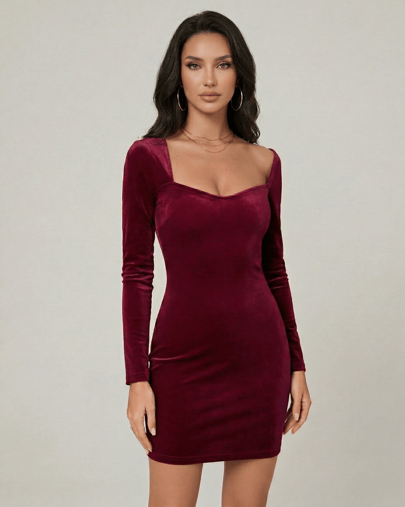 Violet Mini Dress by Lauven, featuring a burgundy velvet fabric, bodycon silhouette, and long sleeves for an elegant look.