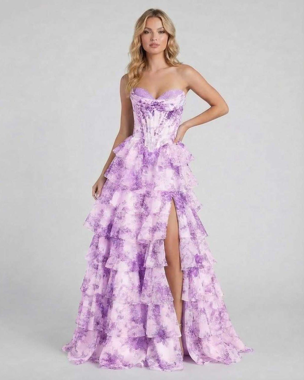 Violetta Maxi Dress by Lauven - Elegant purple floral tiered chiffon gown with structured bodice and high slit.