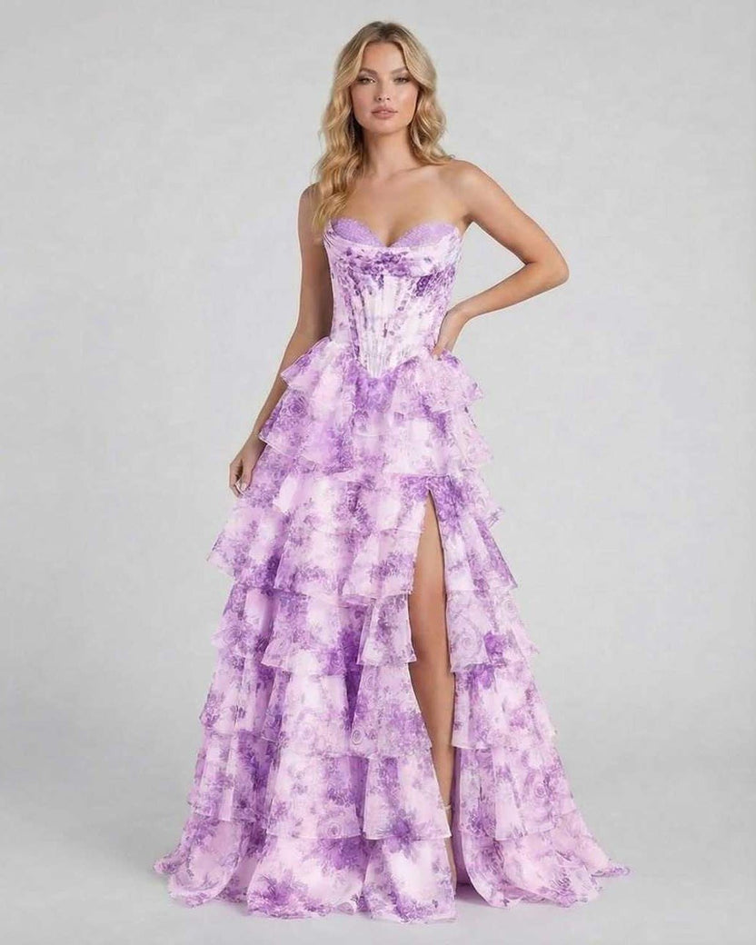 Violetta Maxi Dress by Lauven - Elegant purple floral tiered chiffon gown with structured bodice and high slit.
