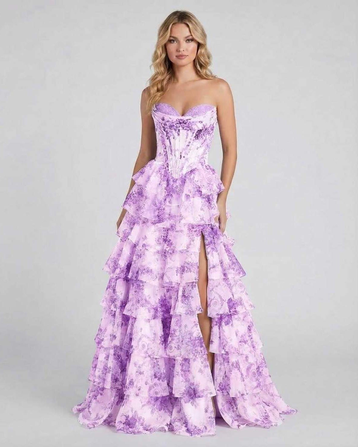 Violetta Maxi Dress by Lauven - Elegant purple floral tiered chiffon gown with a high slit and structured corset bodice.