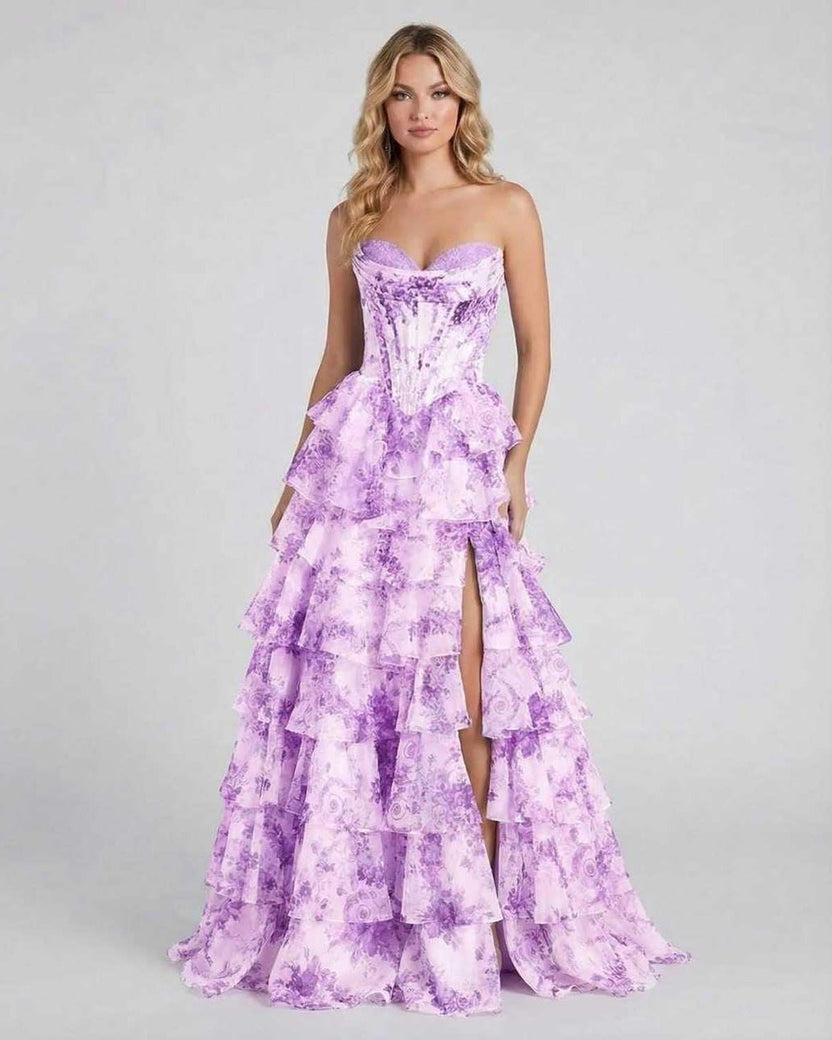 Violetta Maxi Dress by Lauven - Elegant purple floral tiered chiffon gown with a high slit and structured corset bodice.