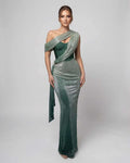 Virella Maxi Dress featuring draped design, bustier detail, and soft shimmer in rich green by Lauven.