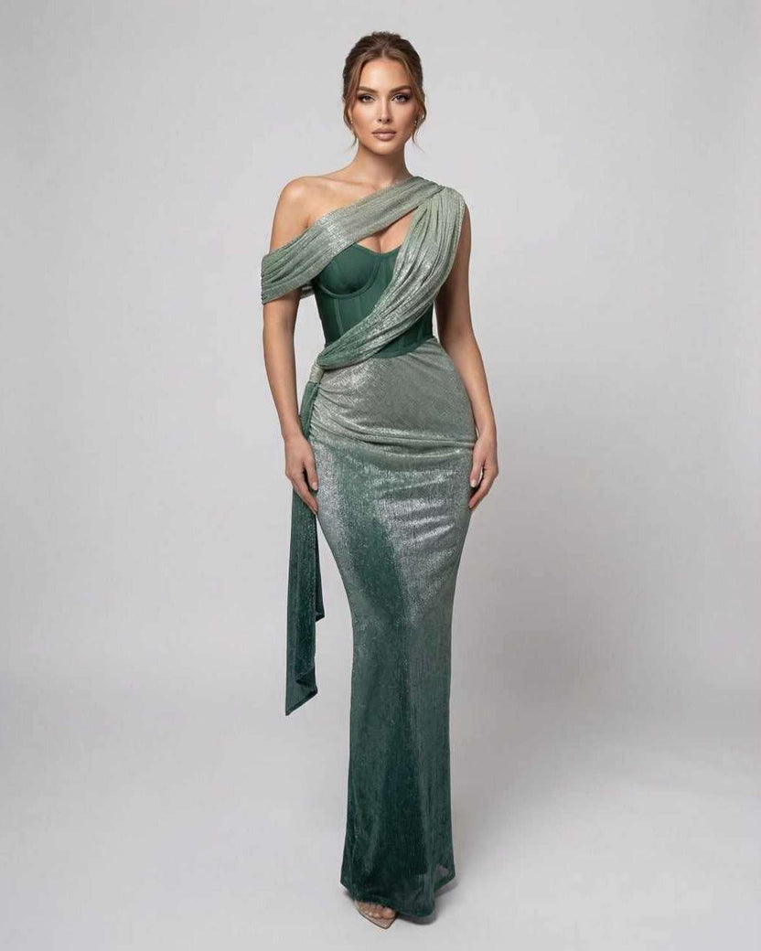 Virella Maxi Dress featuring draped design, bustier detail, and soft shimmer in rich green by Lauven.