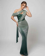Virella Maxi Dress in green, featuring draped design, bustier detail, and embellished fabric for elegant evening wear.