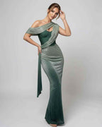 Virella Maxi Dress in green with draped bustier detail, embellished fabric, elegant for evening wear by Lauven.