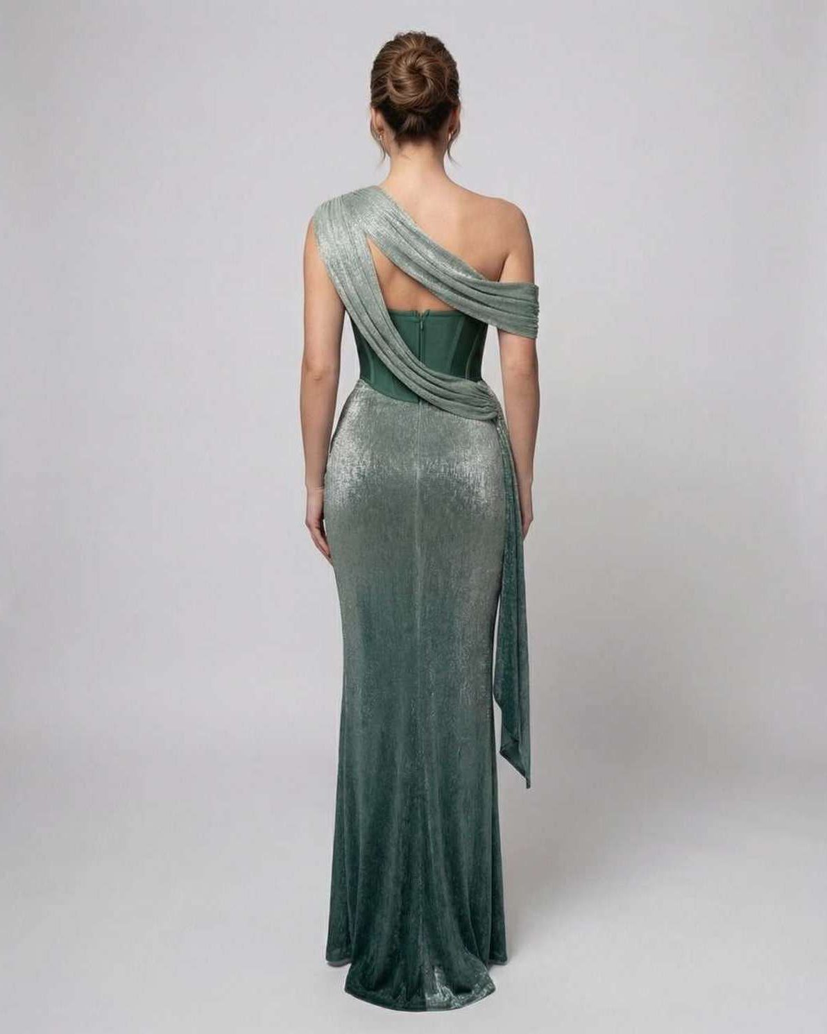Virella Maxi Dress - Green Draped Dress with Bustier Detail from Lauven, showcasing elegance and shimmer.