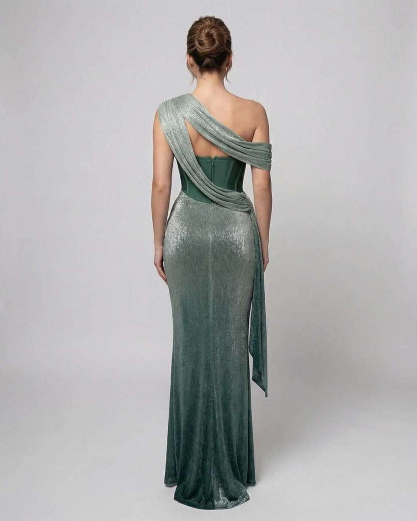 Virella Maxi Dress - Green Draped Dress with Bustier Detail from Lauven, showcasing elegance and shimmer.
