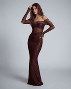 Virella Maxi Dress by Lauven - Elegant off-shoulder evening gown with deep red sequins and sheer mesh details.