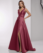 Virelle Maxi Dress in deep red satin with wrap slit, structured bodice, and elegant A-line silhouette by Lauven.