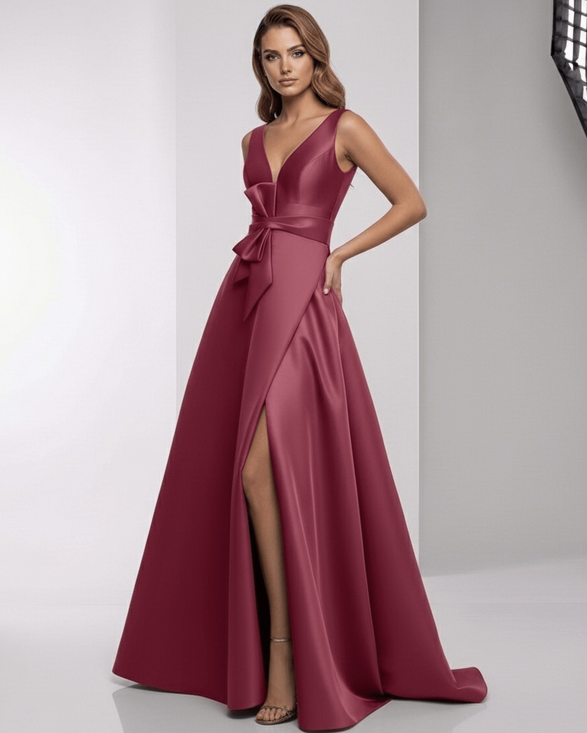 Virelle Maxi Dress in deep red satin with wrap slit, structured bodice, and elegant A-line silhouette by Lauven.
