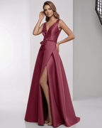 Virelle Maxi Dress in deep red satin with wrap slit, elegant A-line silhouette, by Lauven