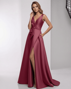 Virelle Maxi Dress – Satin A-Line Evening Dress in deep red with a wrap slit and structured bodice by Lauven.